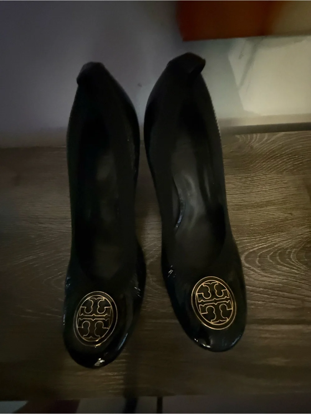 Tory Burch Black Patent Leather heels with Gold Logo Medallion